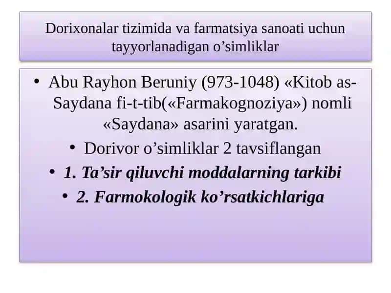 Dorixonalar tizimida va farmatsiya sanoati uchun dorivor o’simliklar 3