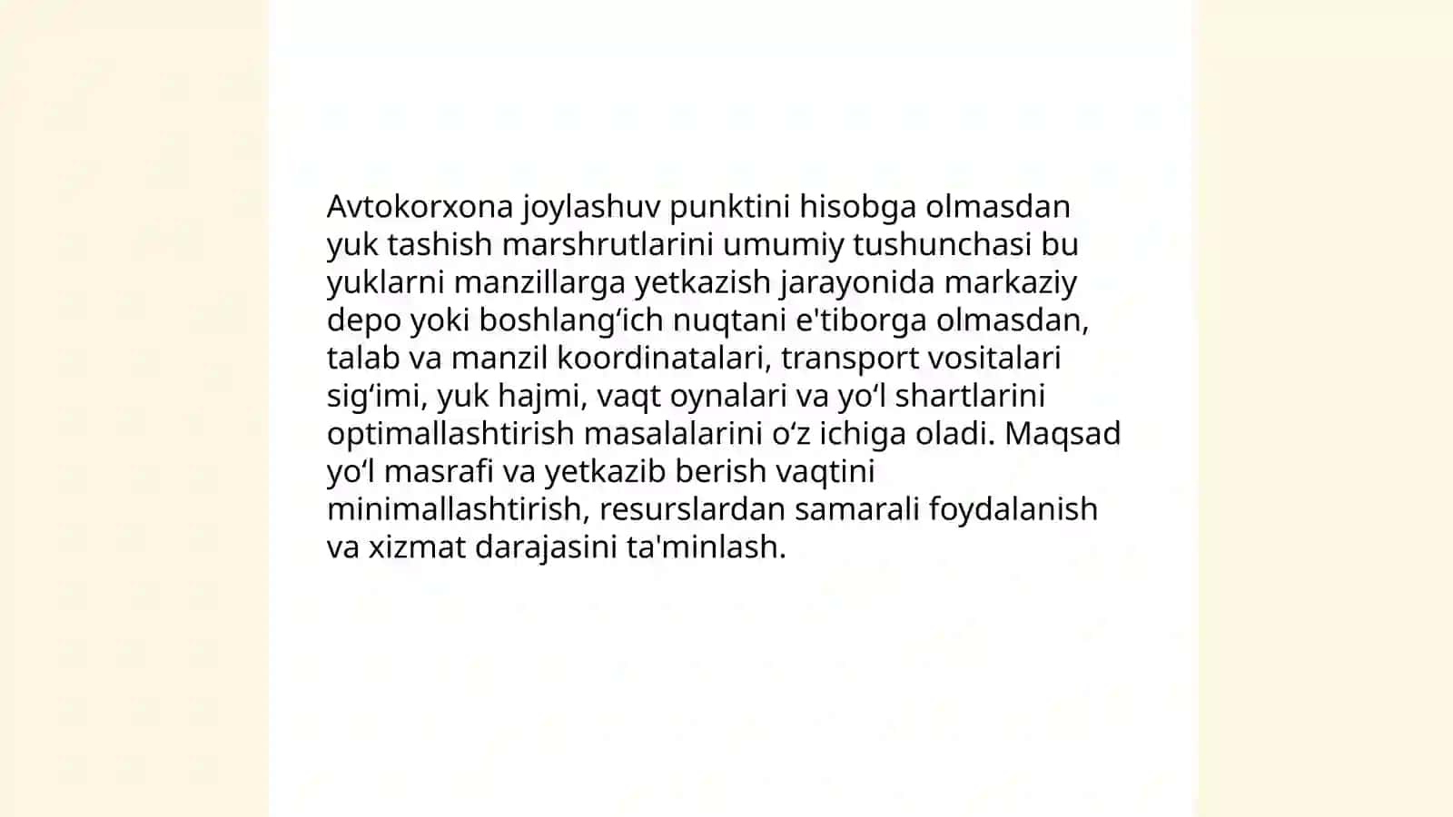 Avtokorxona joylashuv punktini hisobga olmagan holda yuk tashish marshrutlarni tuzish 3
