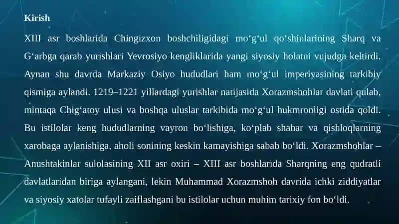 XIII ASR BOSHLARI – XIV ASRNING 60 YILLARIOXIRLARIDA MARKAZIY OSIYO XALQLARI MO‘G‘UL IMPERIYASI TARKIBIDA 3