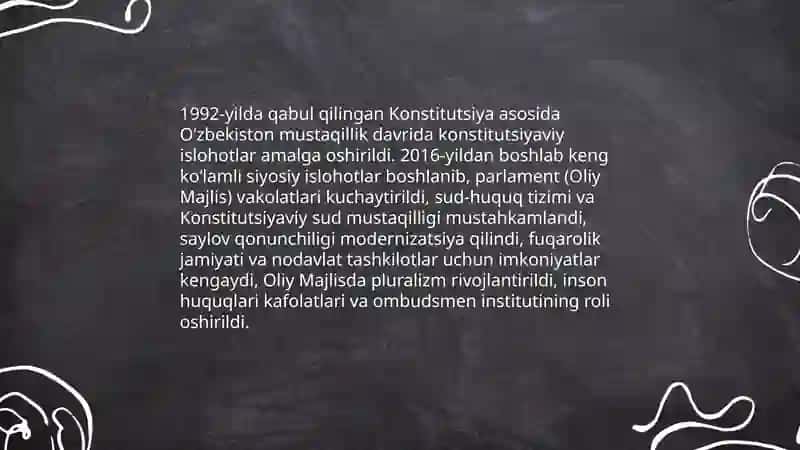 Ozbekistonda demakratik,fuqorolik jamiyati asoslarining shakllanishi amalga oshirilgan siyosiy islohatlar Umid Haydarov 3