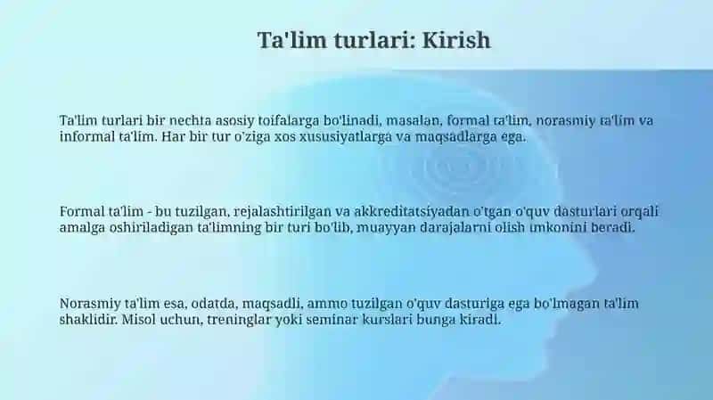 Ta'lim turlari va Ta'limni tashkil etish shakllari 3