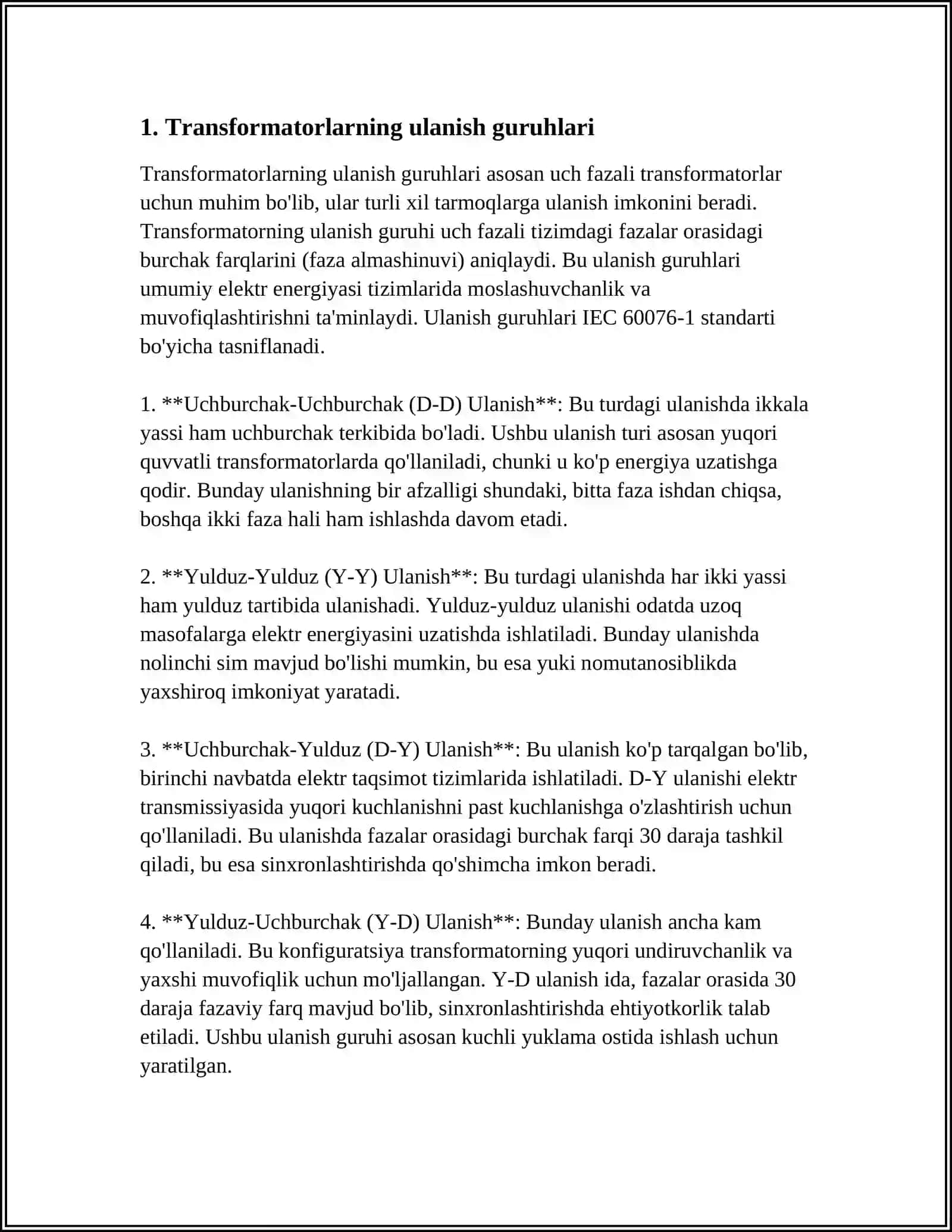 TRANSFORMATOR CHÕLĞAMLARINING ULANISH GURUHLARI VA TRANSFORMATORLARNI PARALEL ISHLASHI 3
