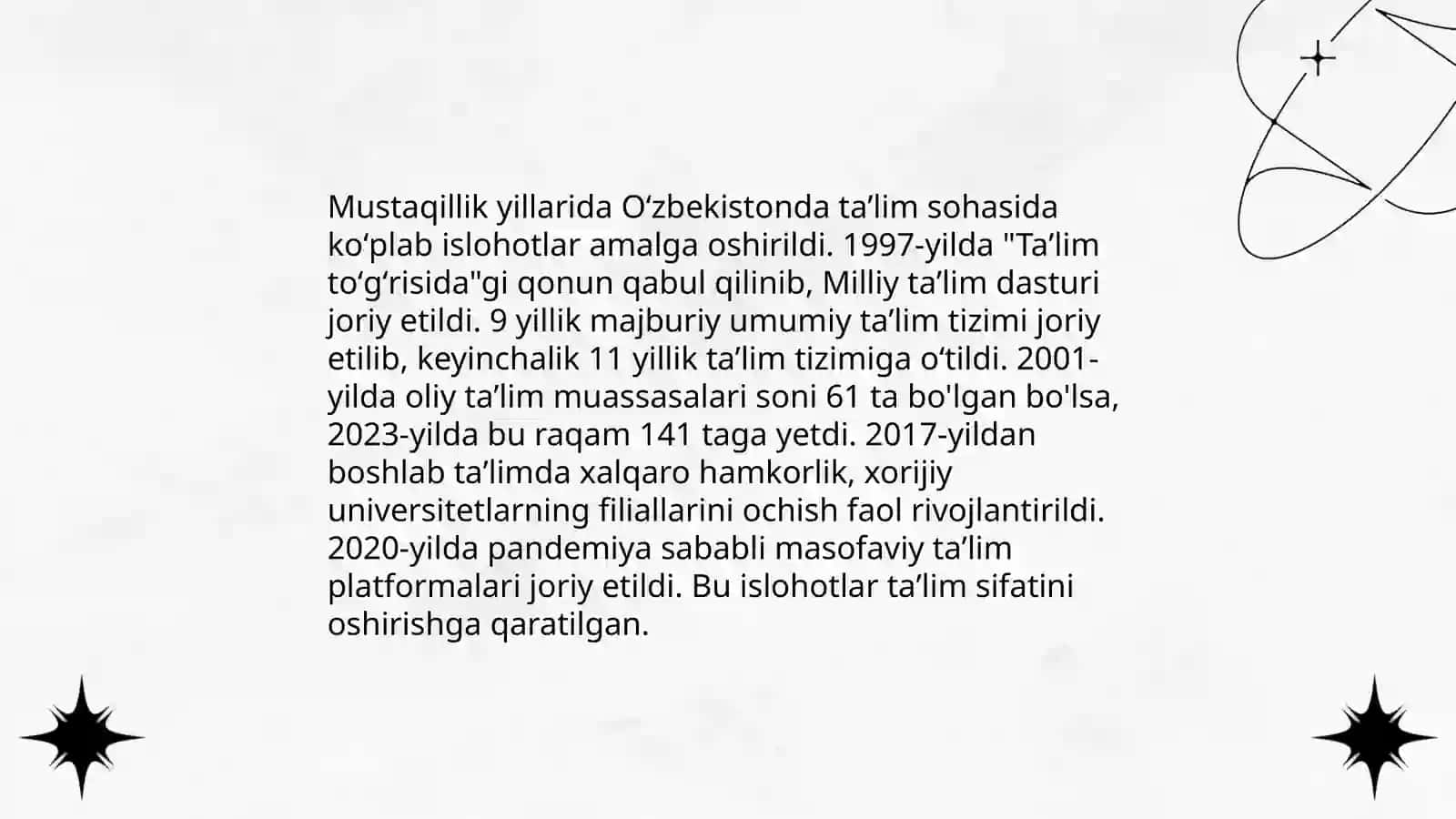 Mustaqillik yillarida Oʻzbekiston Respublikasida taʼlim sohasidagi oʻzgarishlar 3