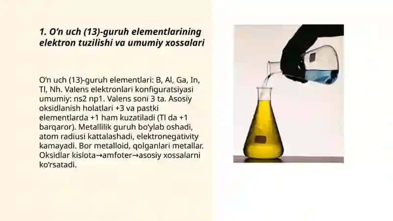 O‘n uch, o‘n to'rt, o‘n beshinchi guruh asosiy guruhcha elementlari va ularning xossalari.Vodorodli hamda kislorodli birikmalari.Kislotalar 3