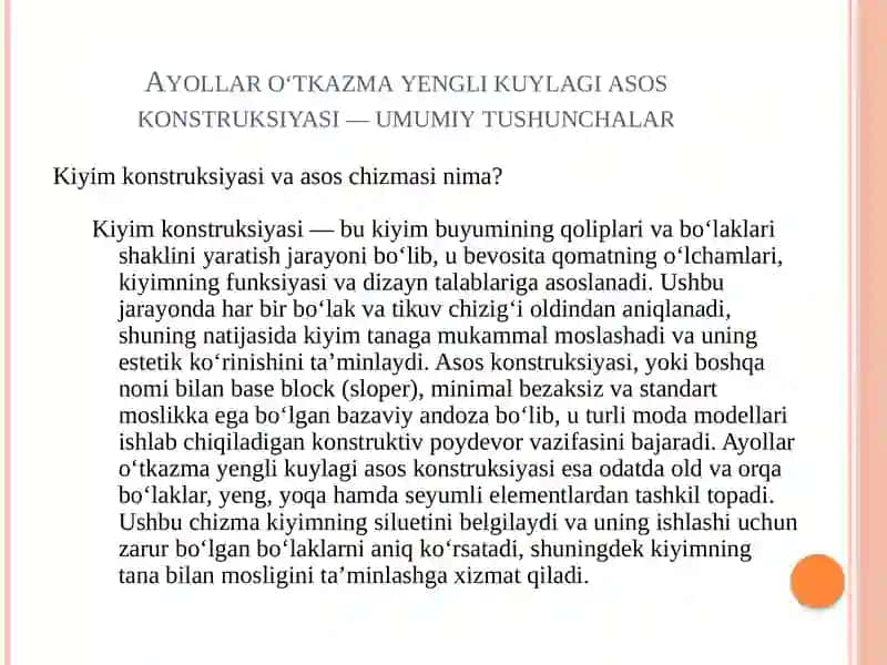 Ayollar oʻtqazma yengli kuylagi asos konstruksiyasi 3