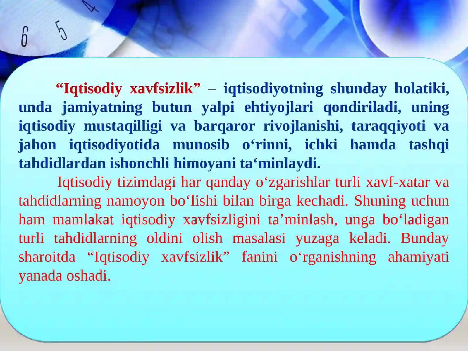 IQTISODIYOTNI DAVLAT TOMONIDAN TARTIBGA SOLISH VA IQTISODIY XAVFSIZLIK.MAMLAKATNING IQTISODIY XAVFSIZLIGI 3