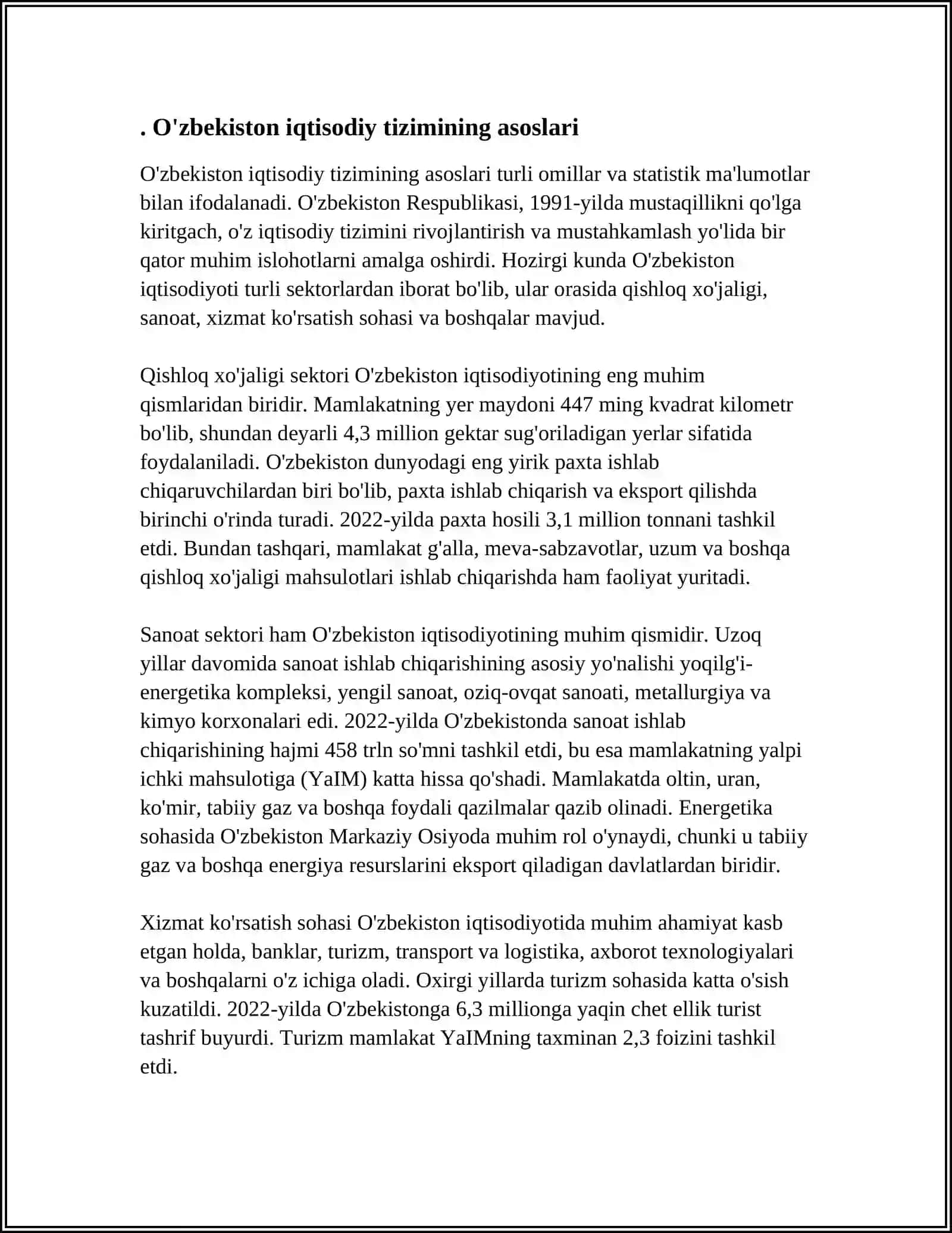 MUSTAQIL ISH Mavzu: O'ZBEKISTON RESPUBLIKASINING IQTISODIY TIZIMI.XUSUSIY MULKNING DAXLSIZLIGI HAMDA DAVLAT TOMONIDAN MUHOFAZA QILINISHI 3