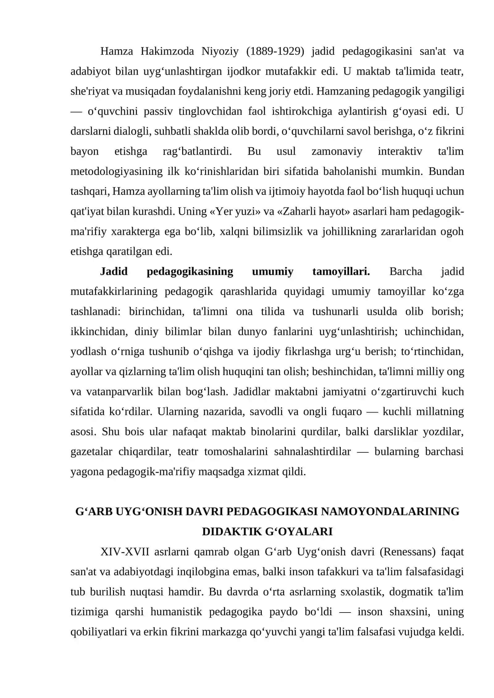 Jadid mutaffakirlarining pedagogik qarashlari. G‘arb Uyg‘onish davri pedagogikasi namoyondalarining didaktik g‘oyalari. Mavzular doirasida esse tayyorlash 3