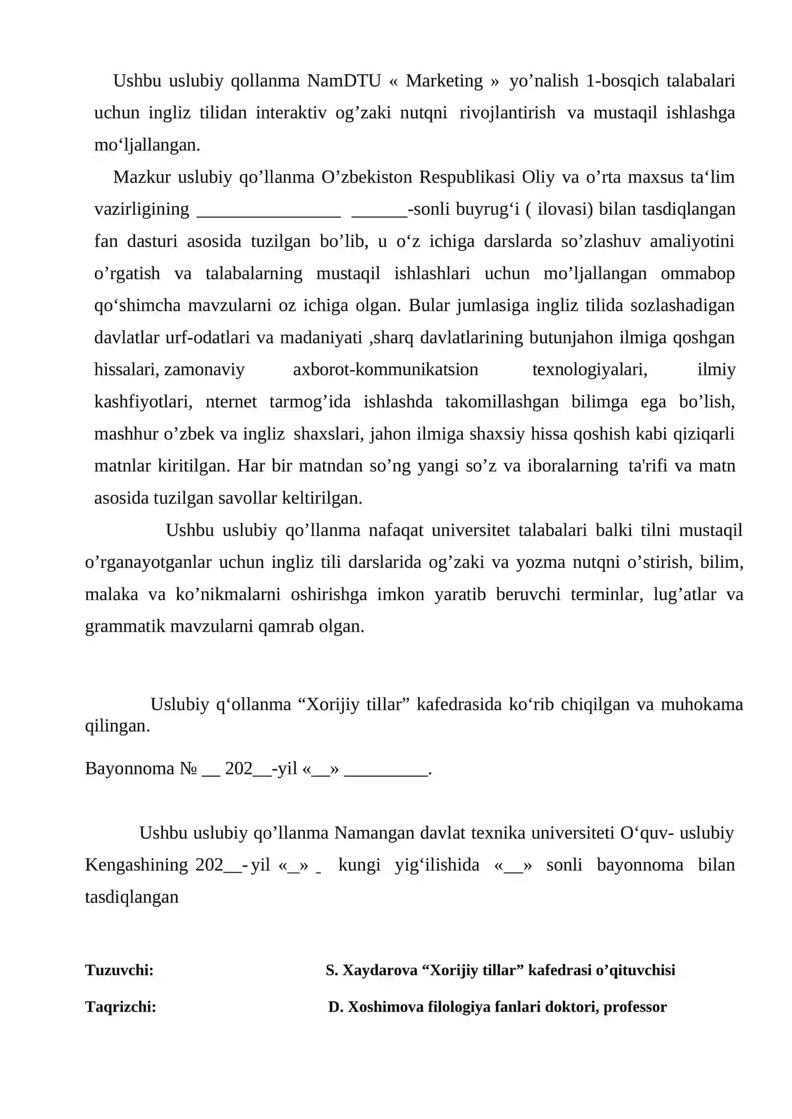 Ingliz tilidan interaktiv og’zaki nutqni rivojlantirish va mustaqil ishlashga mo‘ljallangan uslubiy qollanma 3