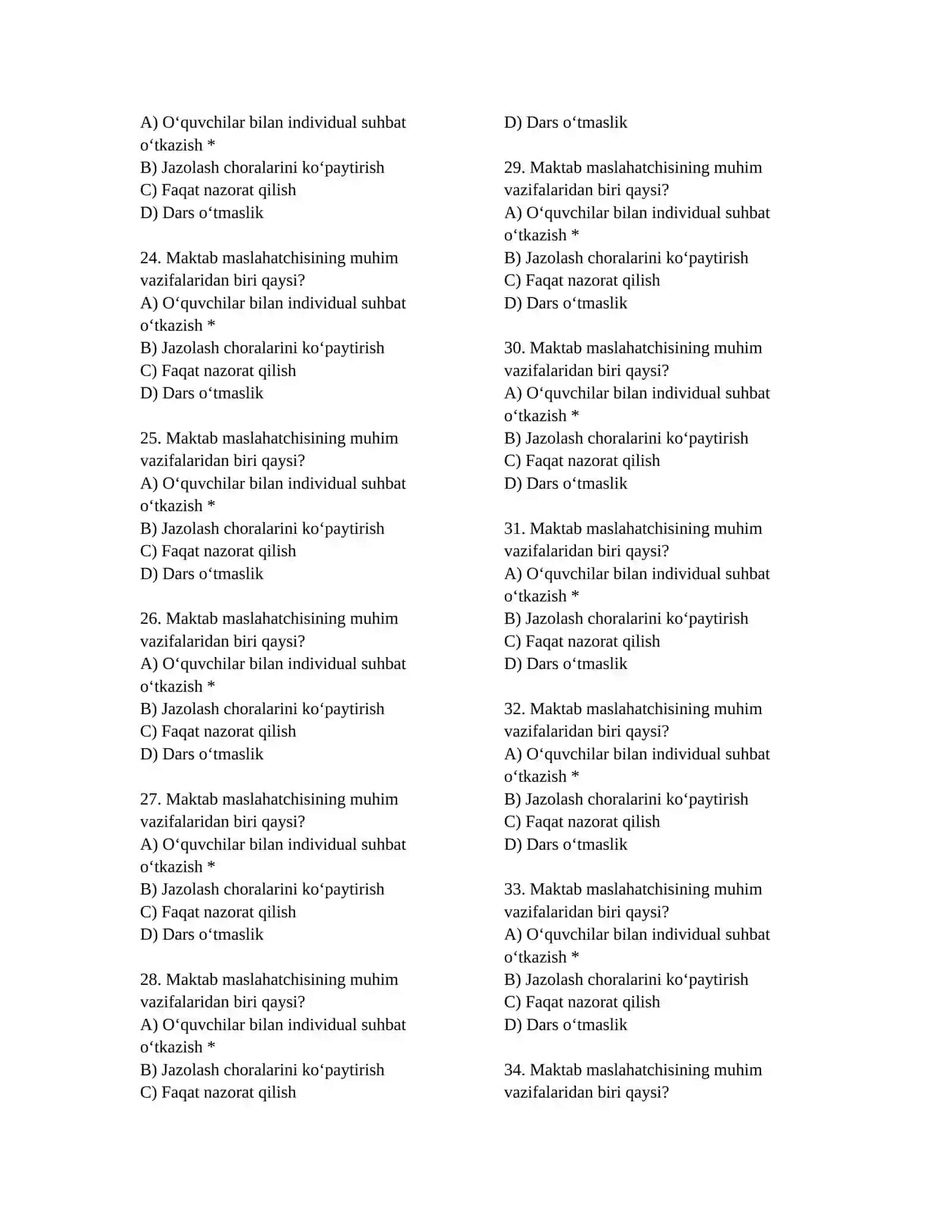 Maktab maslahatchisi lavozimi uchun test (100 ta) 2-qism 3