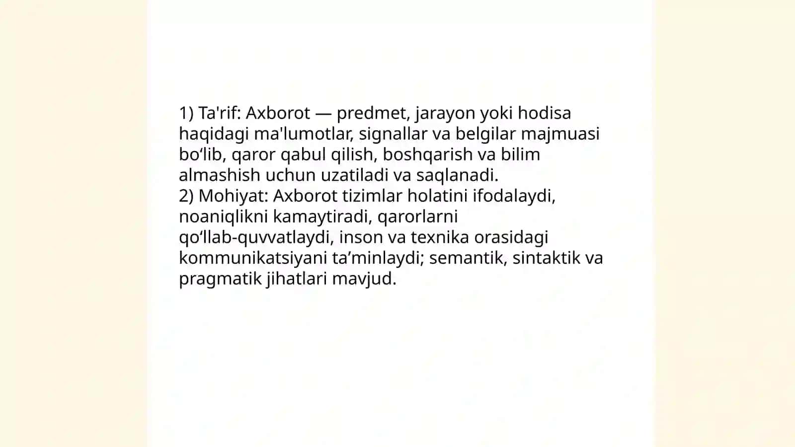 Axborot tushunchasi axborot turlari va ularning klassifikatsiyasi 3