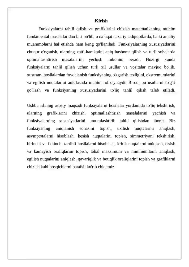 Funksiyalarni hosila yordamida toʻla tekshirib grafigini yasash 3