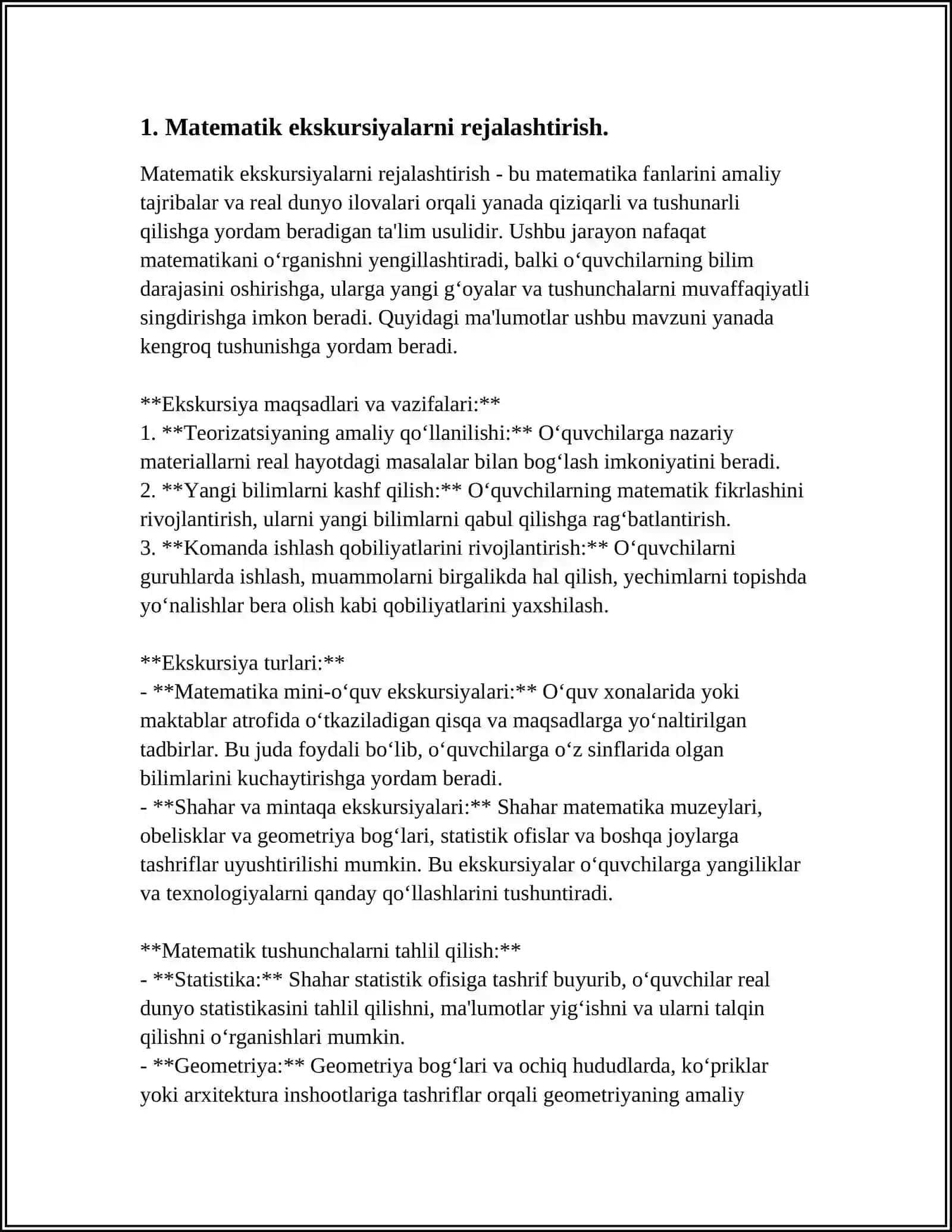 MATEMATIKADAN EKSKURSIYALAR, ERTALIKLAR, OʻYINLAR TAYYORLASH VA OʻTKAZISH METODIKASI 3