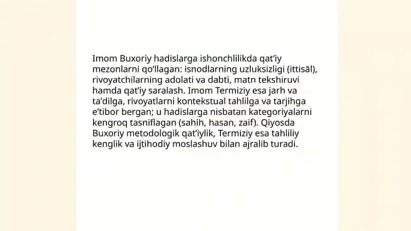Imom Buxoriy va Imom Termiziyning hadis ilmiga qoʻshgan hissalarini qiyosiy tahlili 3