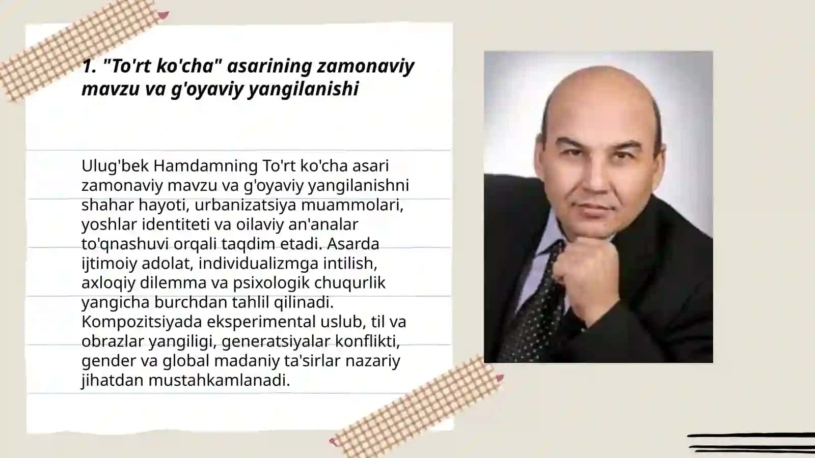 Bugungi adabiy jarayondagi yangilanishlar (Ulug'bek Hamdam "To'rt ko'cha "asari tahlili) 3