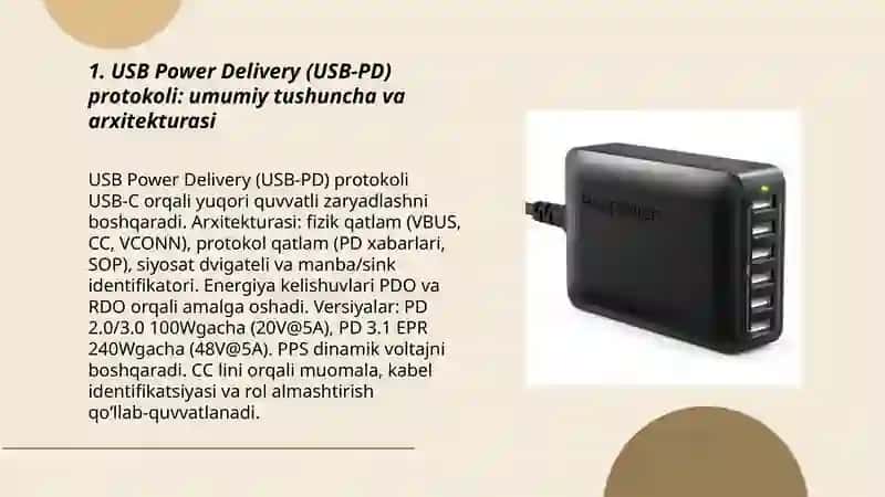 Zamonaviy zaryadlovchi qurilmalar texnalogiyalari:USB Power Deliver (USB-PD)protokoli va GaN -trazistorlardan foydalanish 3