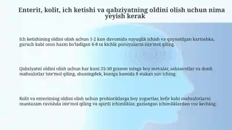 Enterit va kolit ich ketishi ich qotishiga chalinmaslig uchun nima yeyish kerak 3