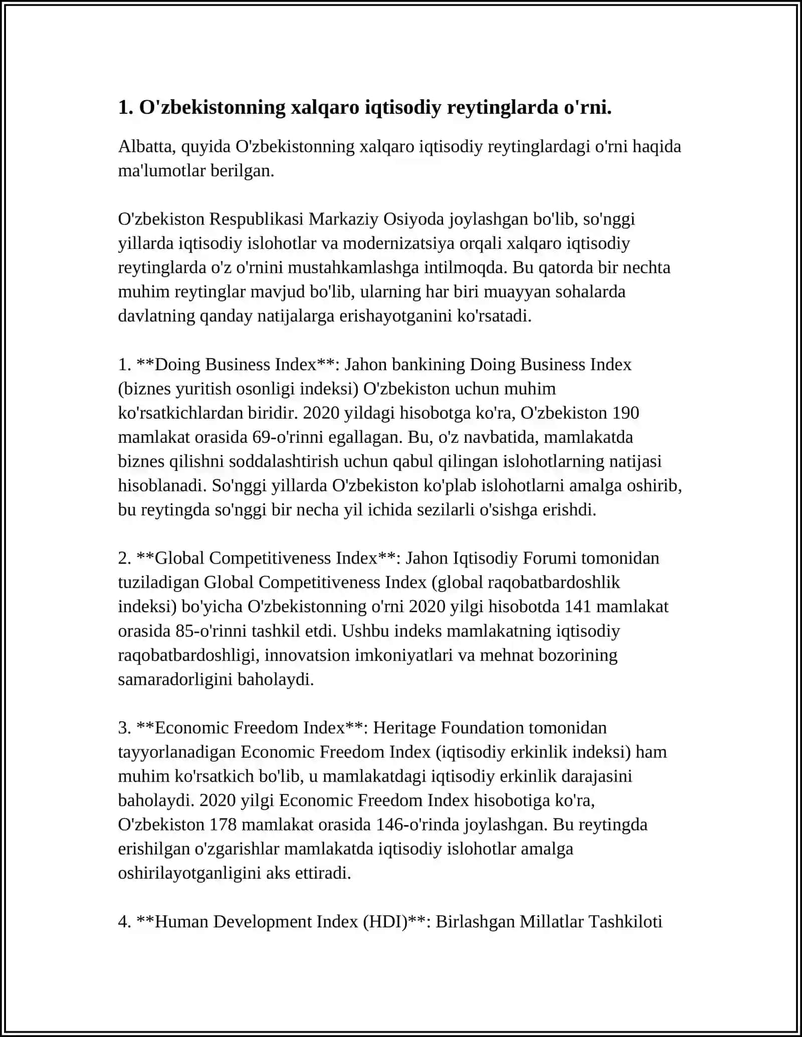 MUSTAQIL ISH Mavzu: IQTISODIY VA IJTIMOIY SOHADAGI USTUVOR HALQARO REYTINGLAR VA ULARGA O'ZBEKISTONNING INTEGRATSIYALASHUVI 3