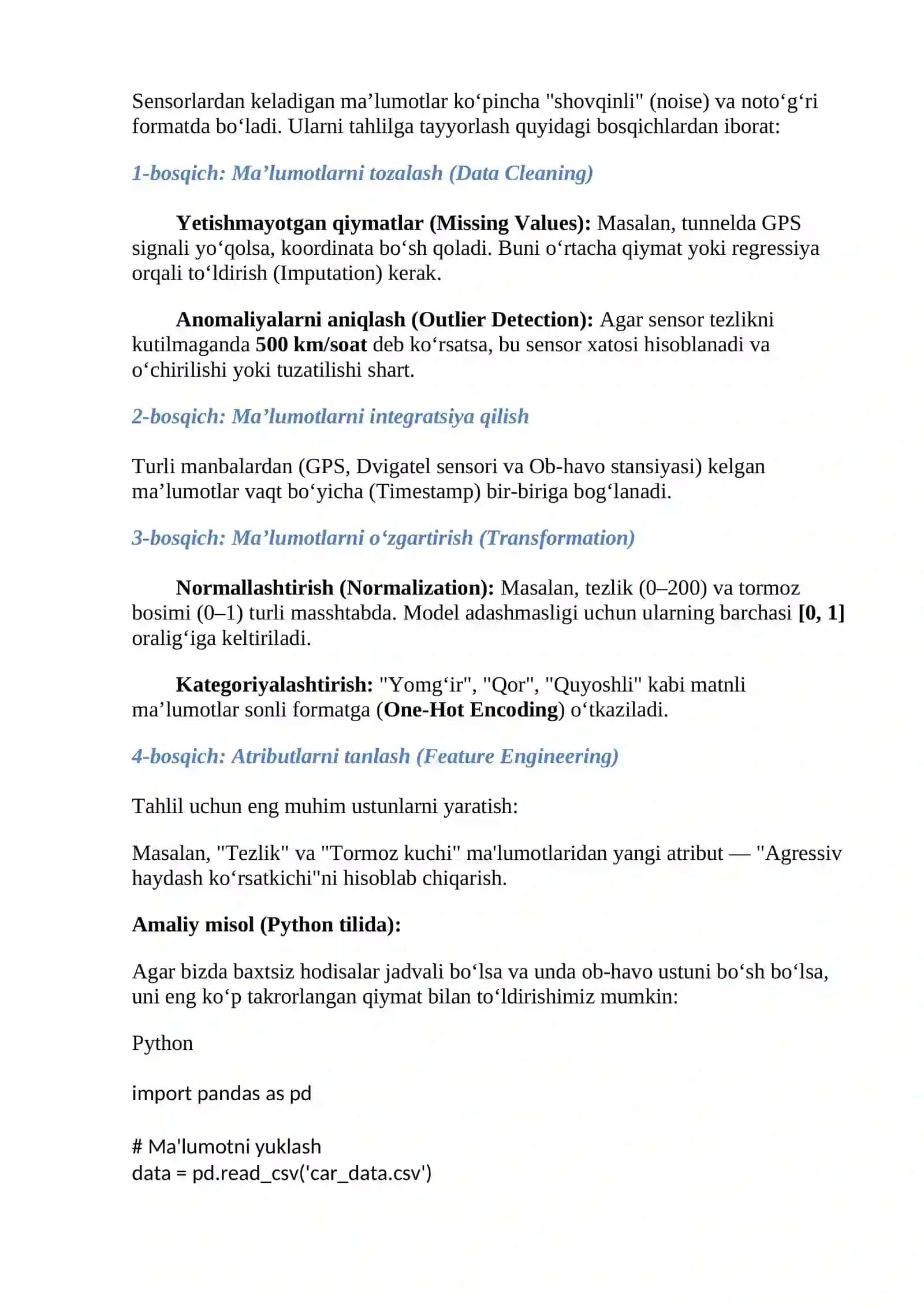 Avtomobil ma’lumotlarini tahlil qilish, baxtsiz hodisalarni bashorat qilish va texnik xizmat ko‘rsatish 3