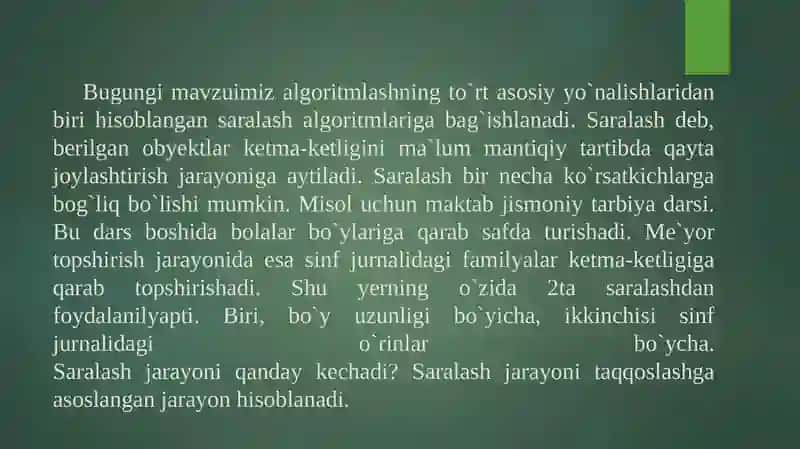 Saralash masalasini formal qo‘yilishi. Saralashning qat’iy va yashilangan usullari 3