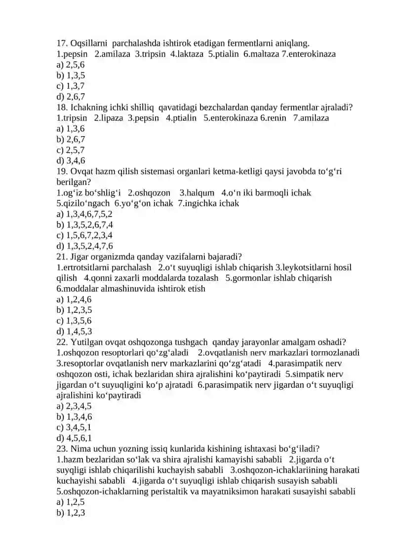 Ovqat hazm qilish va moddalar almashinuv test 3