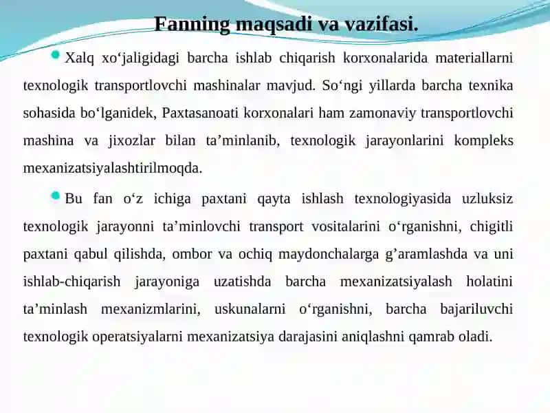 Kirish. “Texnologik jarayonlarini kompleks mexanizatsiyalash” fanining axamiyati 3