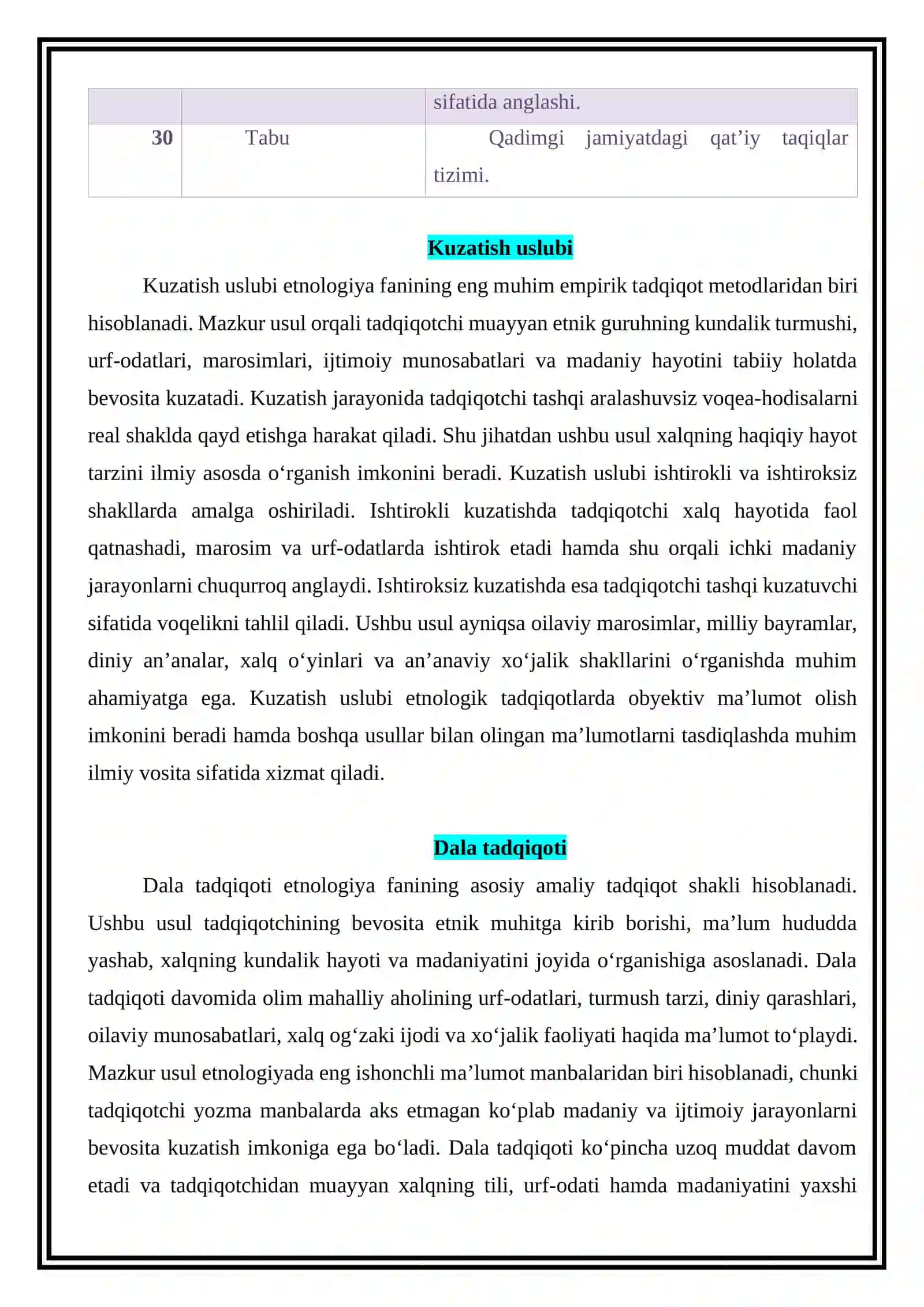 Etnologiyaga oid maxsus atamalar jadvalini shakllantirish va fanning tadqiqot uslublari 3