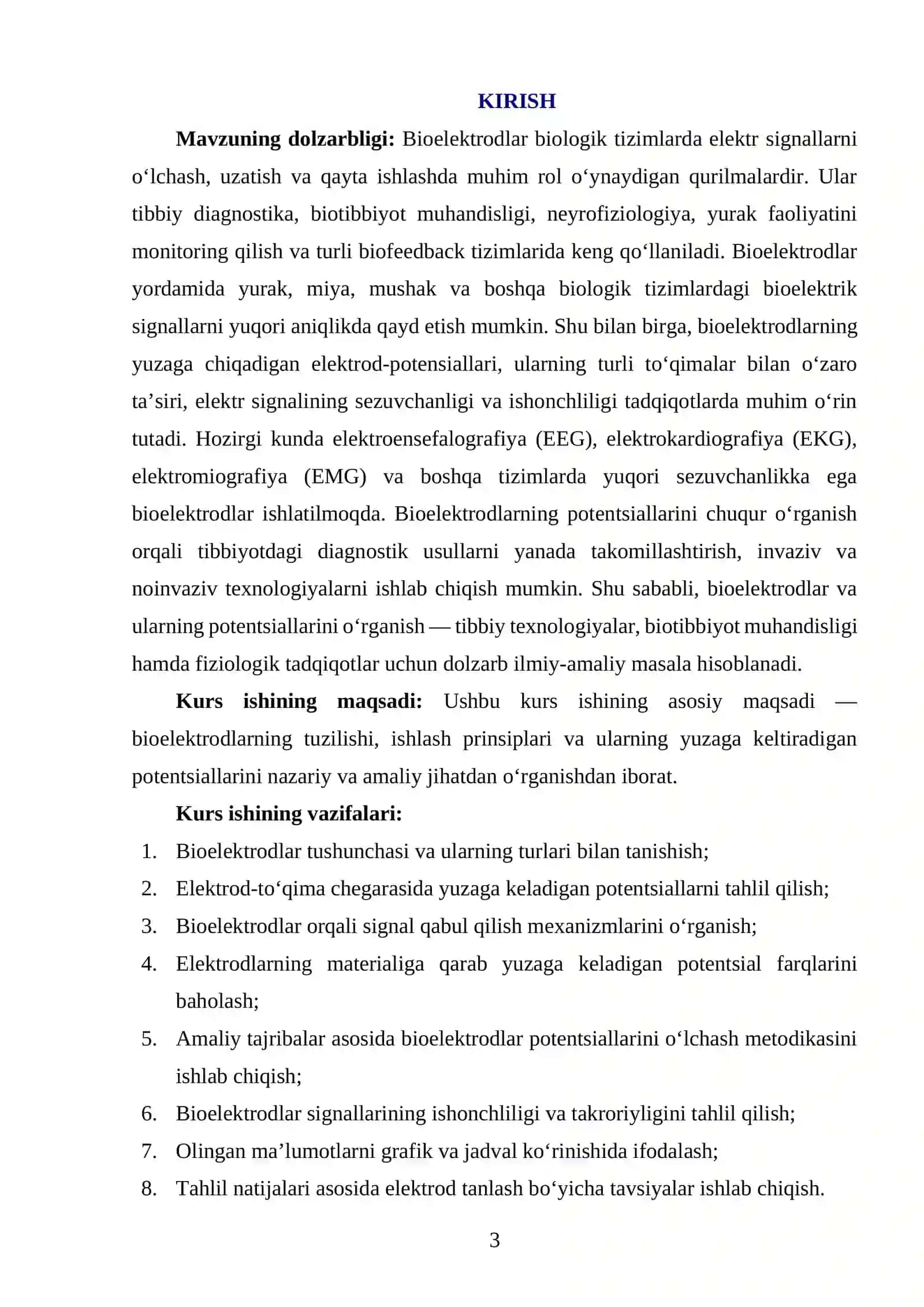 "BIOELEKTRODLAR VA ULARNING POTENSIALLARI" MAVZUSIDA YOZGAN KURS ISHI 3