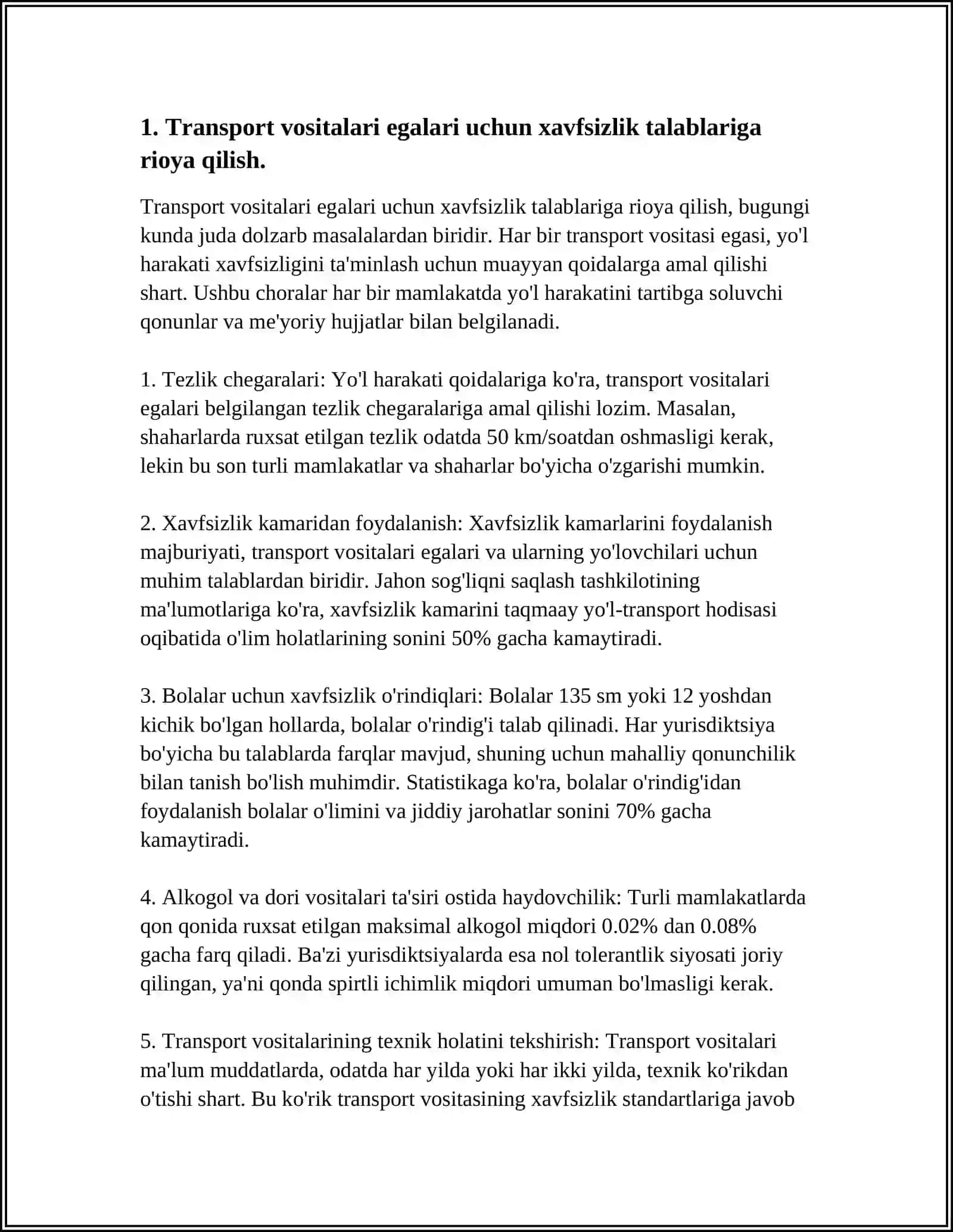 TRANSPORT VOSITALARI EGALARI TOMONIDAN YUK VA YO'LOVCHI TASHISHDA XARAKAT XAVFSIZLIGIG GO'YILADIGAN ASOSIY TALABLAR 3