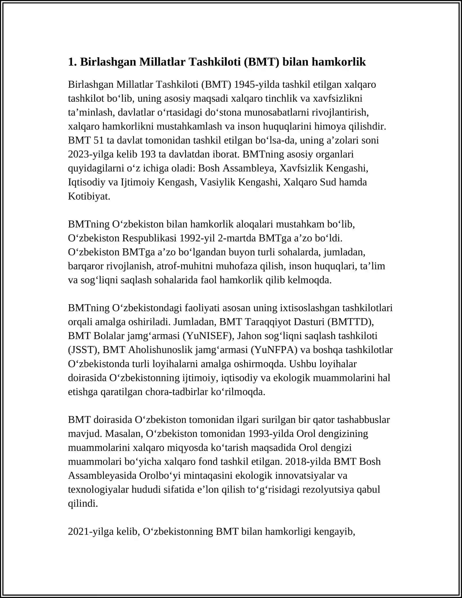OʻZBEKISTONNING XALQARO TASHKILOTLAR BILAN HAMKORLIK ALOQALARI 3