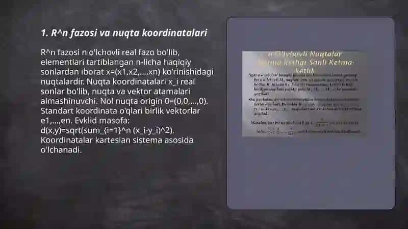 R n fazoda nuqtalarning oʻzaro joylashishi. Nuqtalar ketma ketligi va uning limiti..... 3