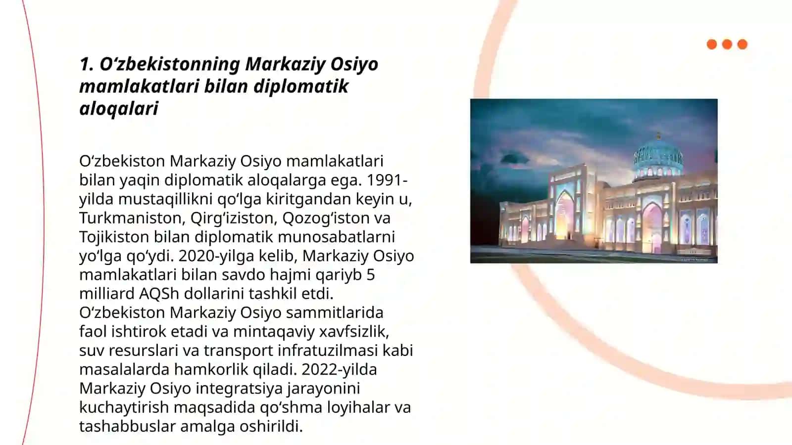 Oʻzbekistoning Markaziy Osiyoda tinchlik va barqarorlikni ta’minlashdagi oʻrni 3
