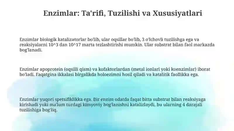 Enzimlar: Ta'rifi, Tuzilishi va Mexanizmlari 3