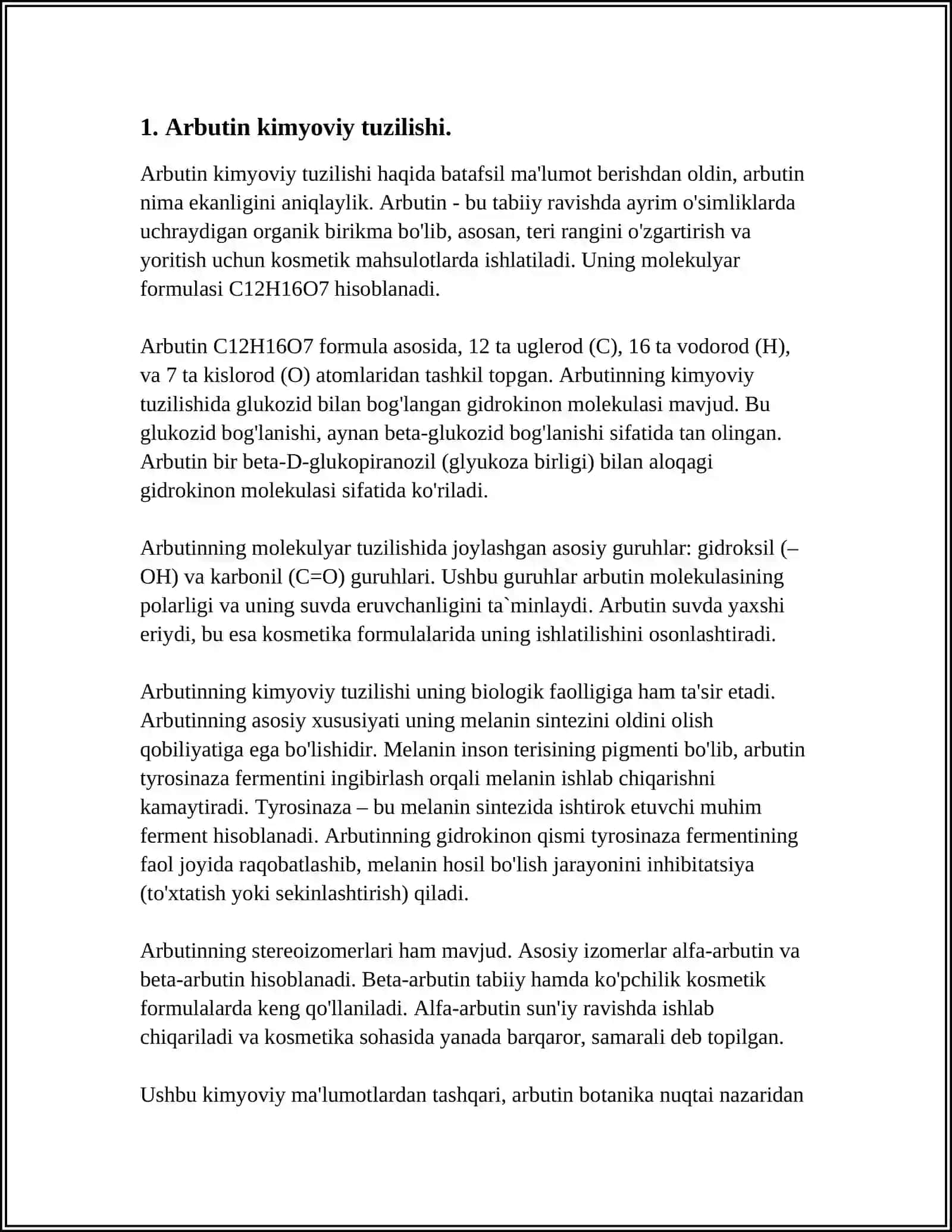 DORIVOR O`SIMLIKLAR MAHSULOTI TARKIBIDA ARBUTINNI MIQDORINIANIQLASH USULI. LIGNANLARNING ZAMONAVIY TASNIFI 3