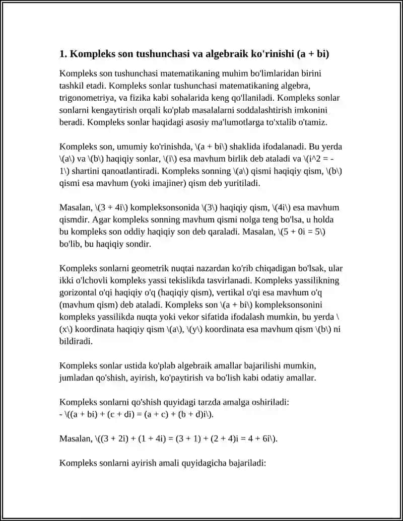 KOMPLEKS SONLARNING ALGEBRAIK,TRIGONOMETRIK VA KO'RSATKICHLI SHAKLLARI.KOMPLEKS SONLARNI QO'SHISH VA AYIRISH,KO'PAYTIRISH VA BO'LISH 3