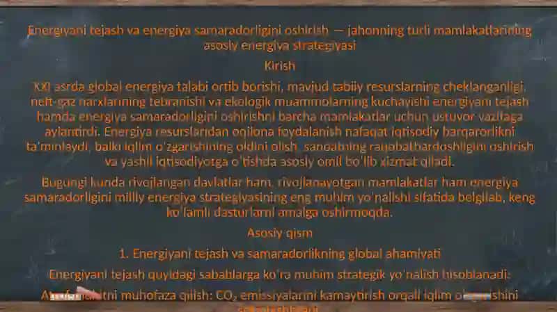 Energiyani tejash va energiya samaradorligini oshirish jahonning turli mamlakatlarining asosiy energiya strategiyasi sifatida 3