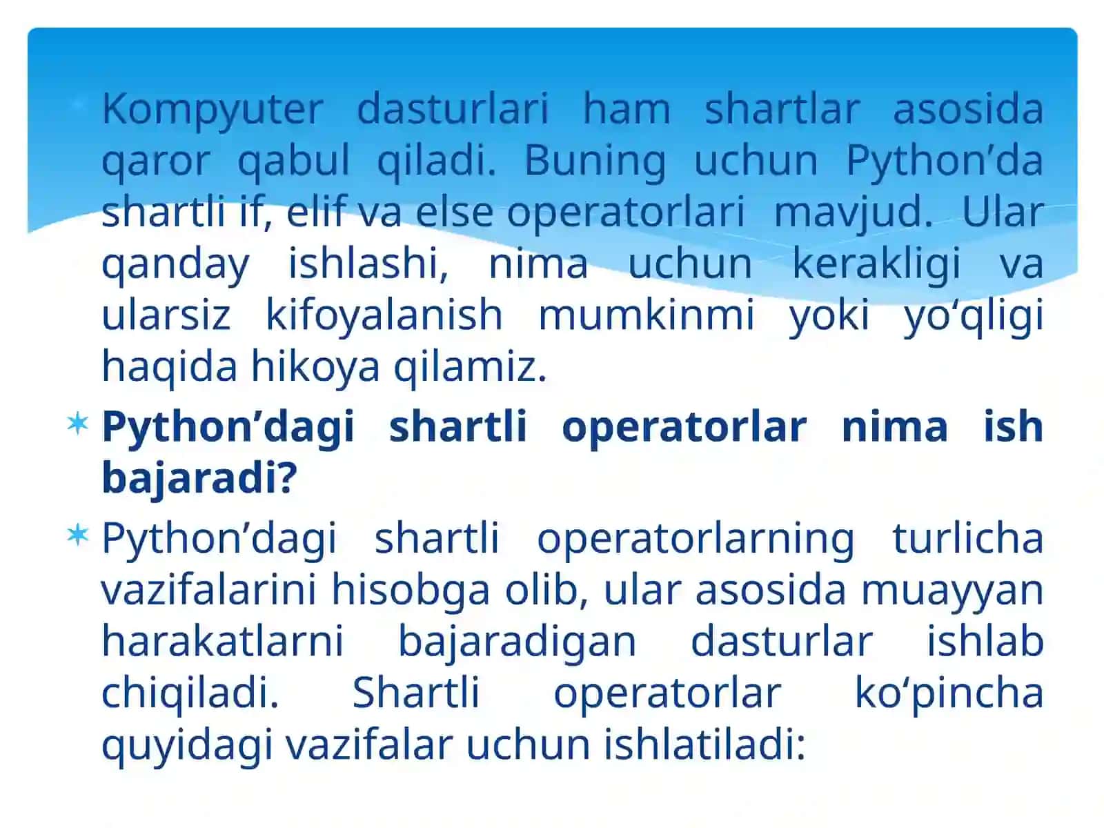 Python dasturlash tilidashart operatorlaribilanishlash 3