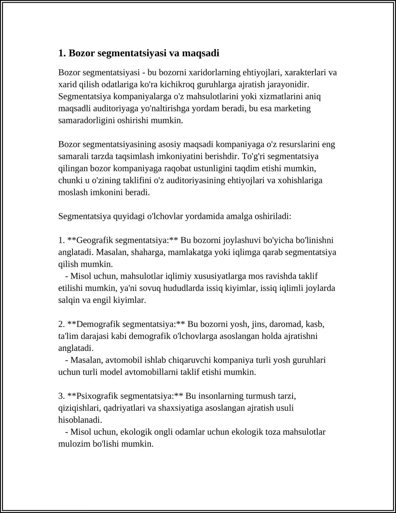 MAQSADLI BOZOR SЕGMЕNTLARINI TANLASH 3