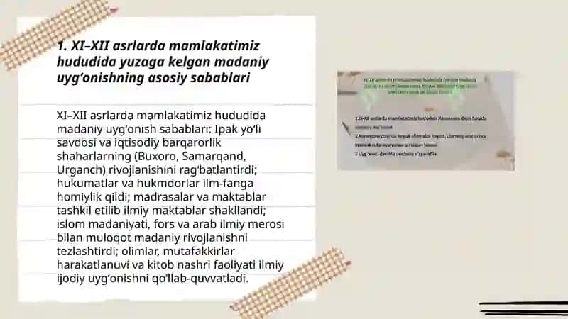 XI–XII asrlarda mamlakatimiz hududida yuzaga kelgan madaniy uygʻonishning asosiy sabablari 3