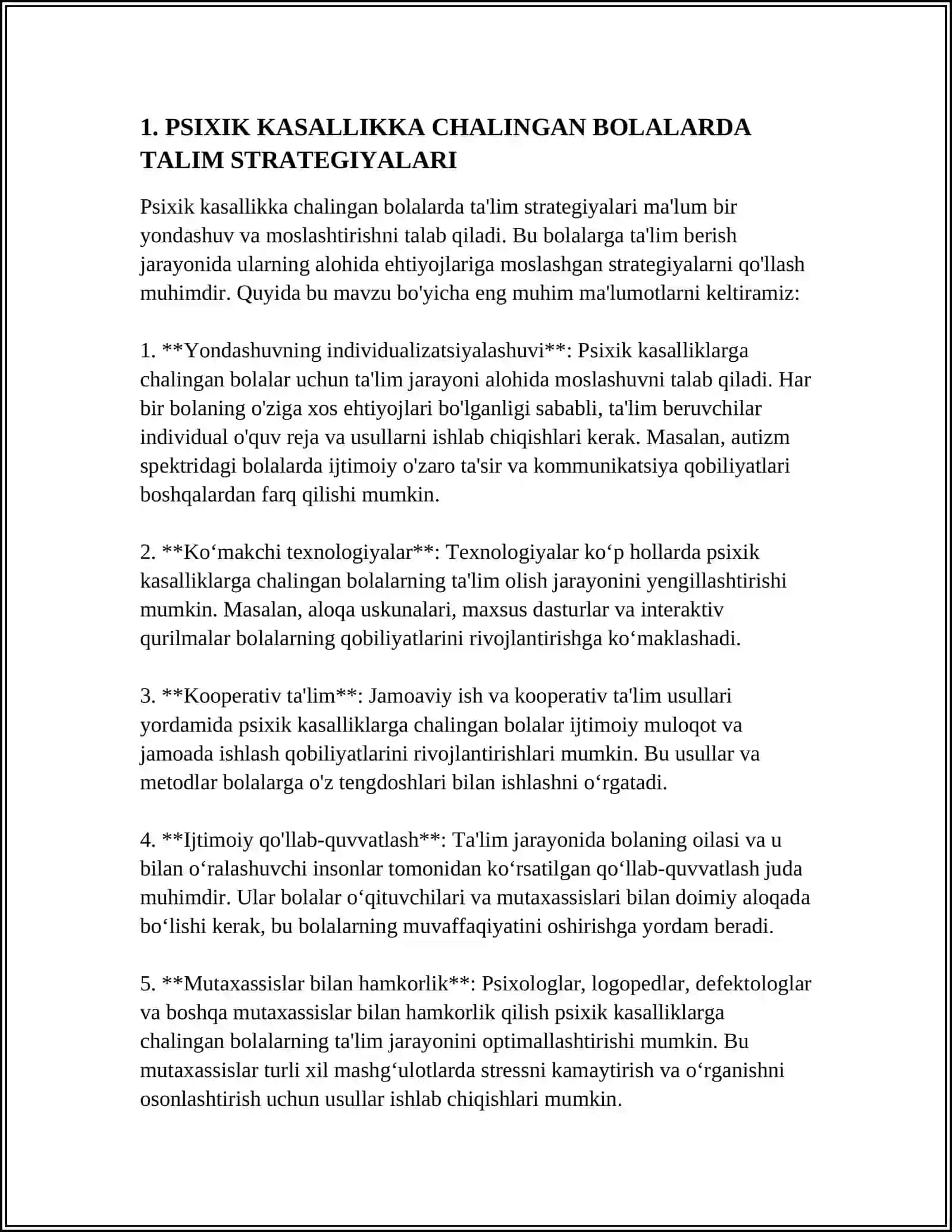 PSIXIK VA NERVOLOGIK KASALLIKKA CHALINGAN BOLALARDA MAKTABGACHA VA UMUMIY ORTA TALIMNI TASHKIL ETISH 3