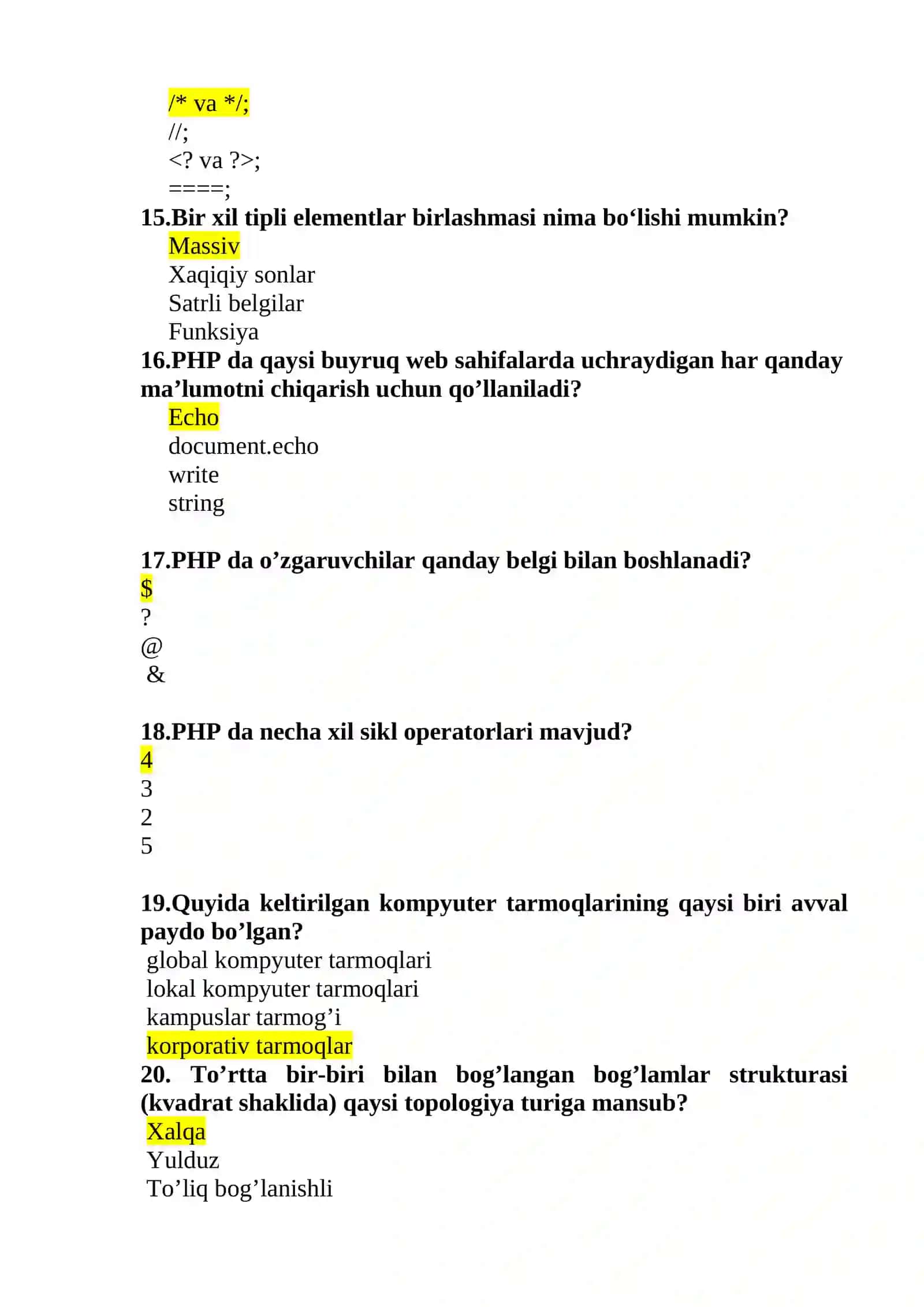 Mavzu: AXBOROT TEXNALOGIYALARI VA MENEJMENT UNIVERSITETI 2 KURS SIRTQI MATEMATIKA VA INFORMATIKA YO’NALISHI TALABALARIGA YAKUNIY NAZORAT TEST 3