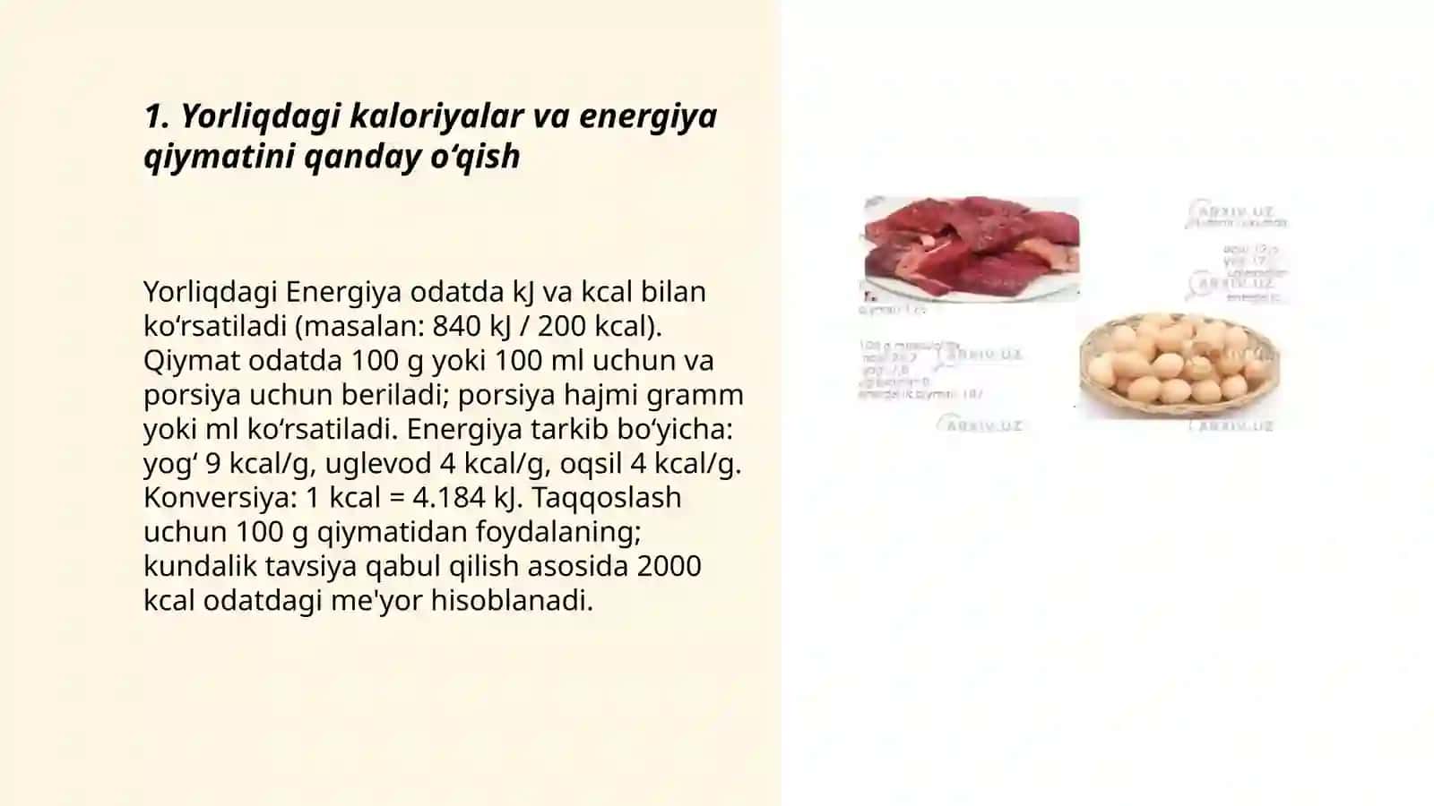Oziq ovqat mahsulotlarini tarkibi foydali va zararli xususiyatlarini yorliq orqali aniqlash 3