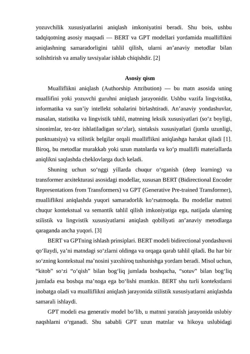 MUALLIFLIKNI ANIQLASHDA TIL MODELLARI(BERT GPT)NING SAMARADORLIGI 3