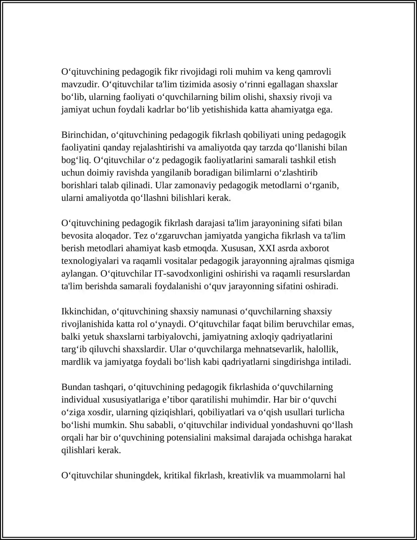 MUSTAQIL ISH Mavzu: PEDAGOGIK FIKR TARAQQIYOTIDA OʻQITUVCHINING KASBIY MAHORATI HAMDA BURCH VA MASʼULIYATLARI 3