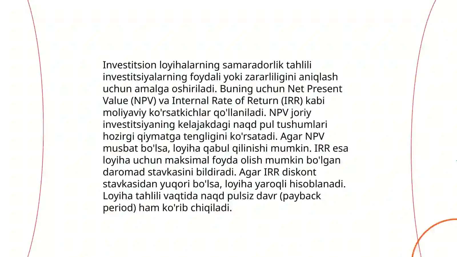 Investitsion loyihalarning iqtisodiy samaradorlik ko‘rsatkichlari 3