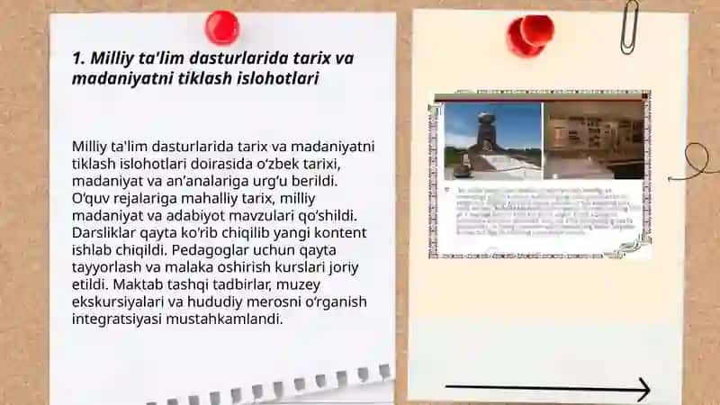O'zbekistonda milliy qadriyatlar va tarixni tiklash borasida amalga oshirilayotgan islohotlar mazmuni 3
