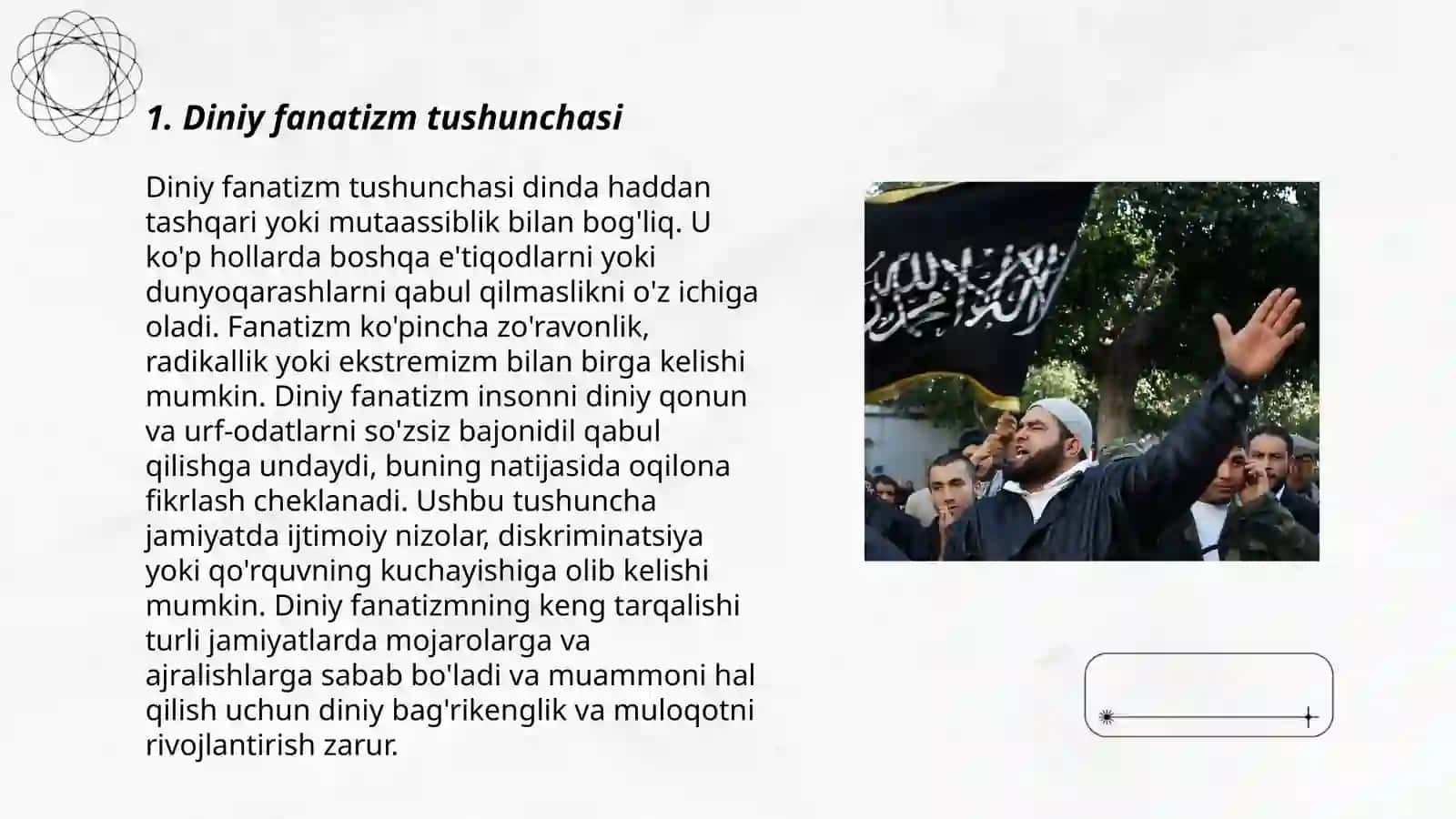 Diniy fanatizm, ekstremizm, fundamentalizm va terrorizmning tarixi hamda hozirgi davrda xavfsizlikka tahdidi slayd 3