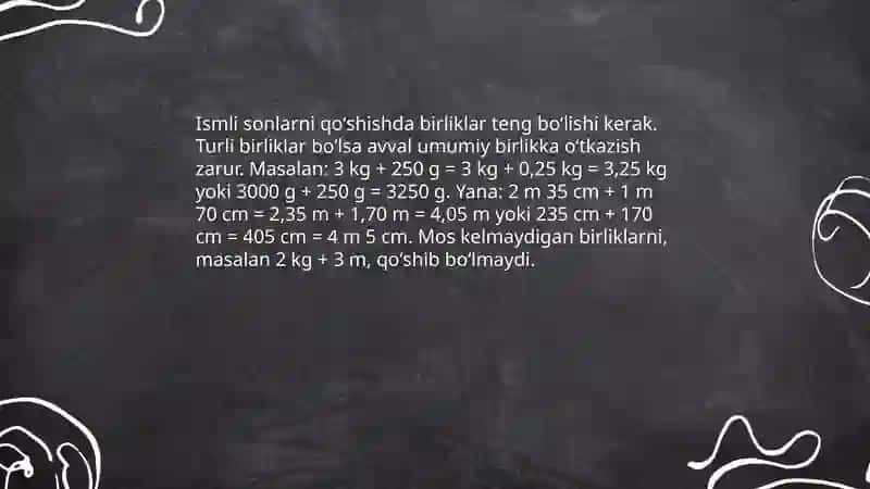 Ismli sonlar bilan amallar bajarish.Qo'shish va ayirishga doir murakkab masalalar 3