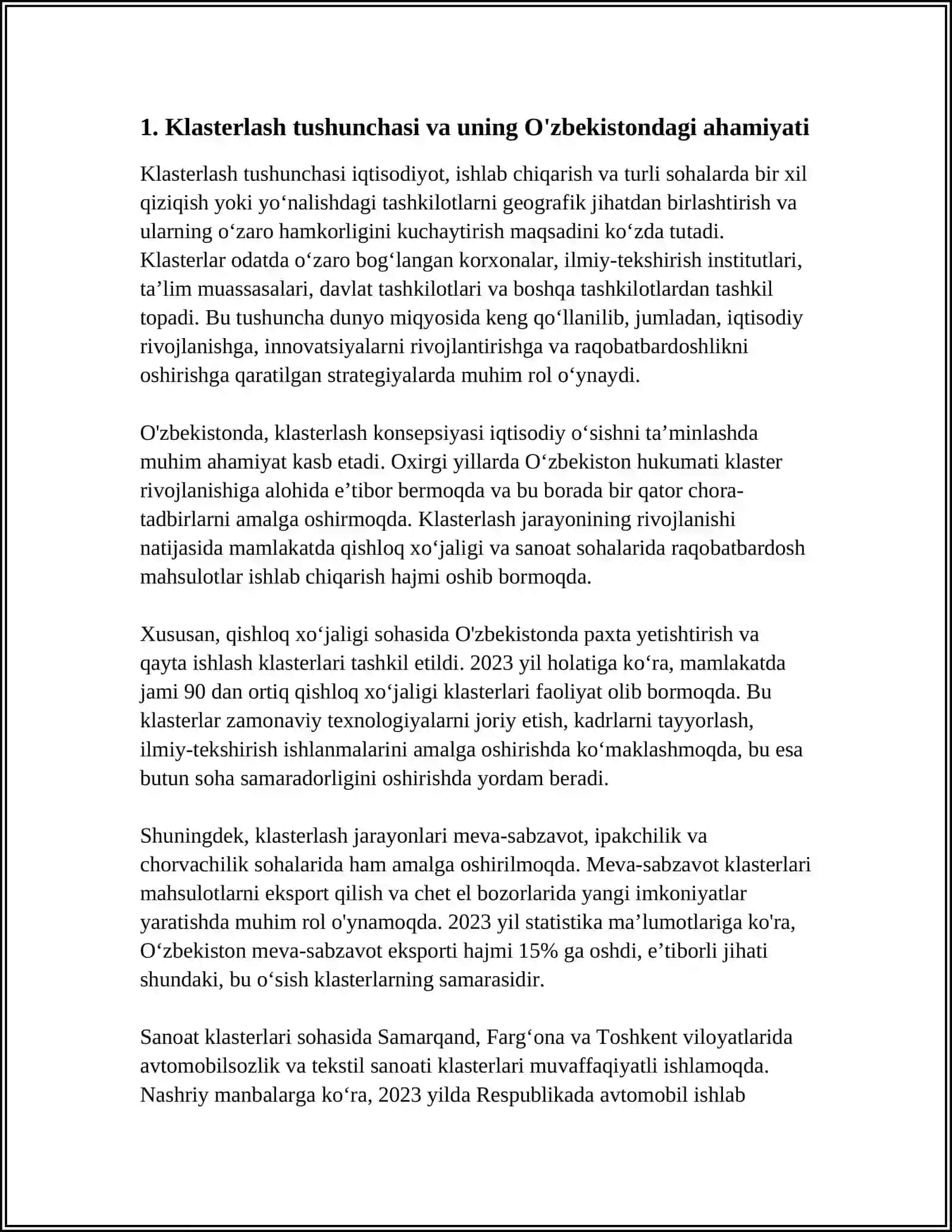 O'ZBEKISTONDA KLASTERLASHTIRISH SIYOSATI: MUOAMMOLAR VA ISTIQBOLLAR 3