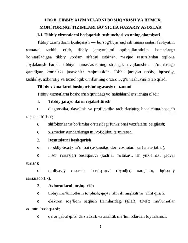Tibbiy Xizmatlarni Boshqarish va Bemor Monitoringi Tizimlari Bo‘yicha Nazariy Asoslar 3